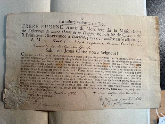 DARFIELD, LEGHOUS, CAMBERLIJN Verklaring van `Frère Eugene, abbé du monastere dit la maison-dieu de l'éternité de Notre Dame de la trappe, de l'ordre de Citeaux de la primitive observance à Darfield, pays de Munster en Westphalie', dat hij zal bidden voor
