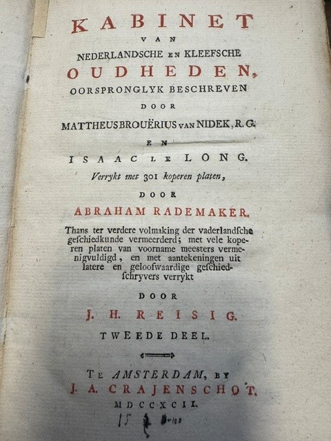 Brouërius van Nidek, M. en I. le Long Kabinet van Nederlandsche en Kleefsche Oudheden [...], deel II. Amsterdam, J.A. Crajenschot, 1792.