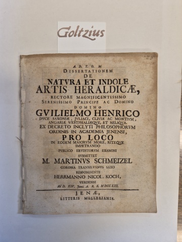 Koch, Hermann Nicol., uit Werden; Praeses: Schmeizel, Martin Dissertatio de natura et indole artis heraldicae