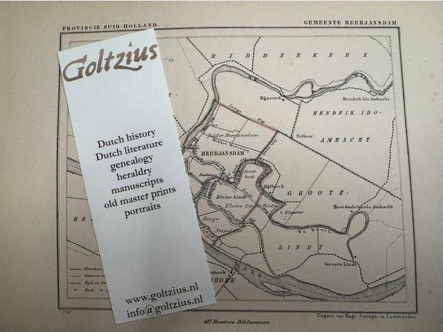 Kuyper, J. Heerjansdam (prov. Zuid-Holland). Origineel gelithografeerd kaartje uit de Gemeenteatlas, ca. 1868, met handgekleurde grenzen, 17x22 cm.