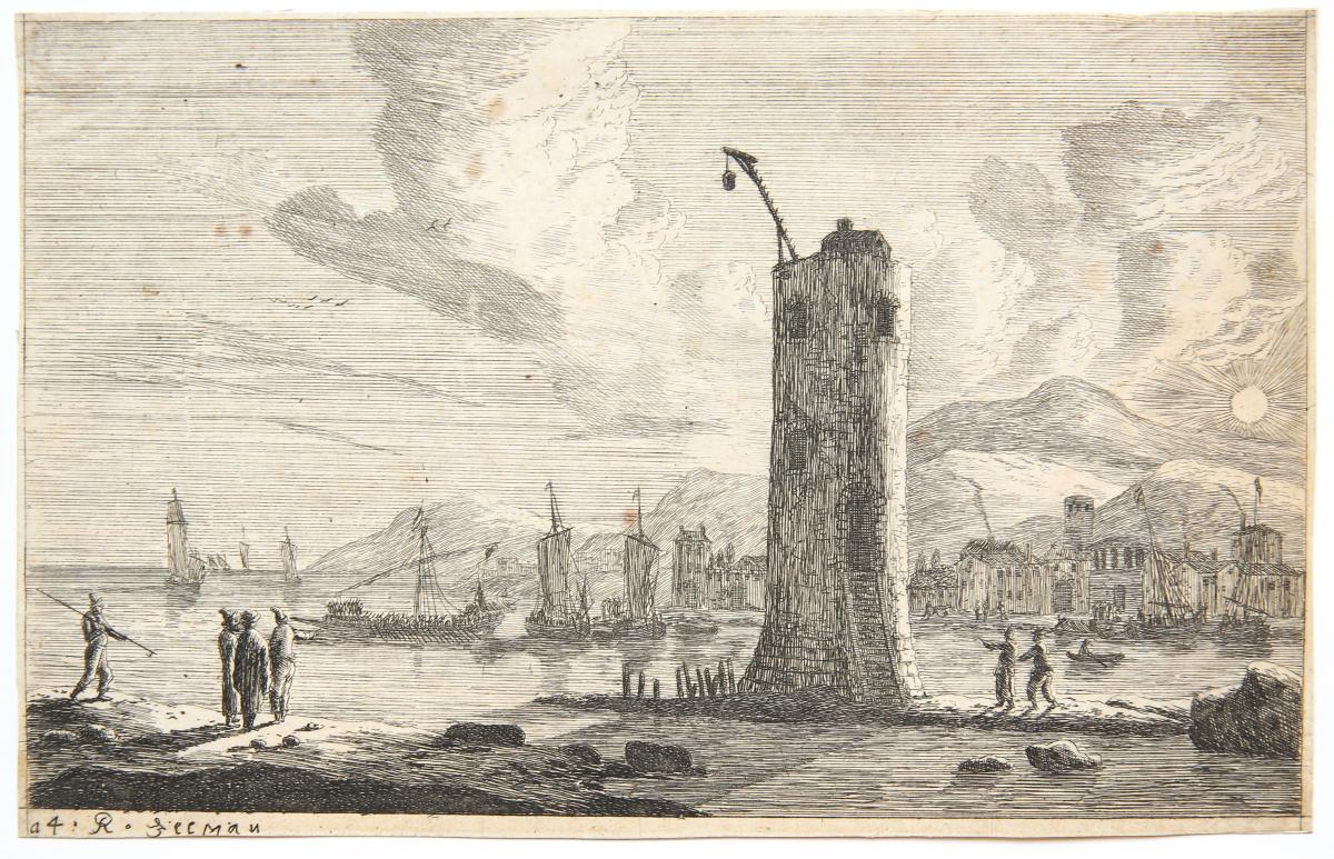 Harbour scene with a tower [set title: Various seaports].