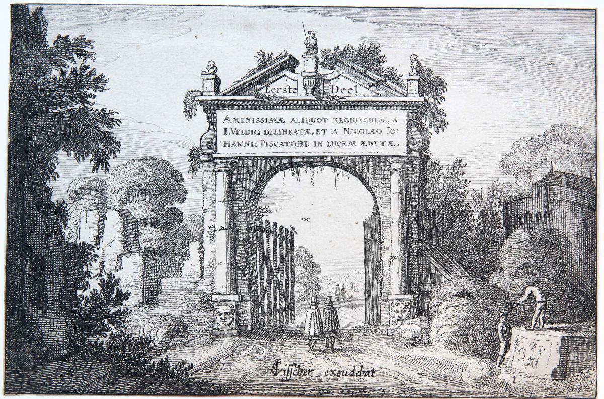 Amenissimae aliquot regiunculae... [Set frontispiece]/Frontispice van boek met 26 landschapsetsen.