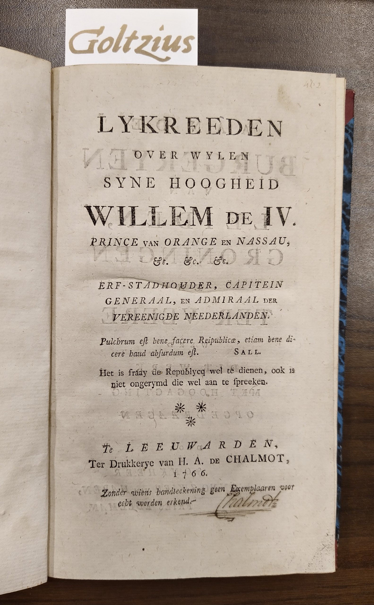 HAREN, ONNO ZWIER VAN, Lykreeden over wylen Syne Hoogheid Willem de IV. Prince van Orange en Nassau (...).