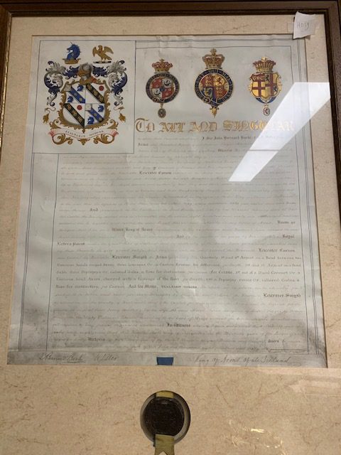 Grant of Arms donated by John Bernard Burke, Ulster King of Arms to Colonel Leicester Curzon, herinafter known as Leicester Smyth on 26 November 1866.