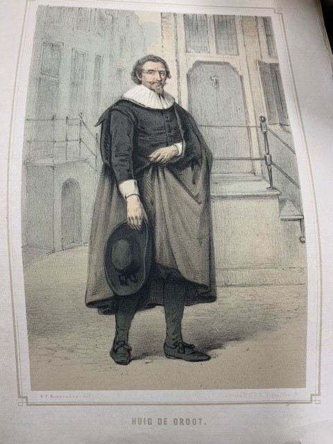 Huig de Groot, colour lithograph portrait of Hugo Grotius by W.P. Hoevenaar/P.W. van de Weijer.