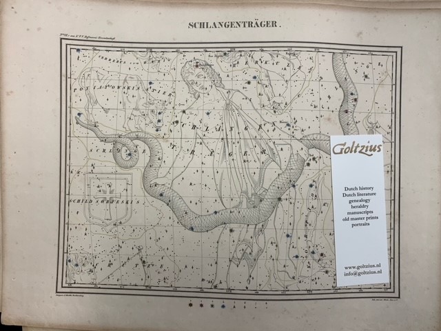 HOFFMANN, K.F.V., Schlangentrager: from Vollstandiger Himmels-Atlas fur Freunde und Liebhaber der Sternkunde (...) gezeichnet von Karl Friedrich Vollrath Hoffmann Stich und Druck der lithografische Anstalt Pobuda & Rees.