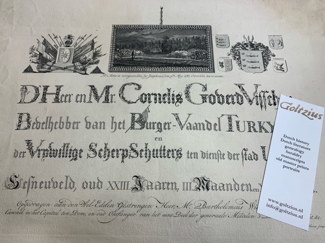 D'Heer en Mr Cornelis Goverd Visscher bevelhebber van het Burger-Vaandel Turkyen, der vrijwillige scherpschutters ten dienste der stad Utrecht; gesneuveld oud XXIII Jaaren (...).1787.