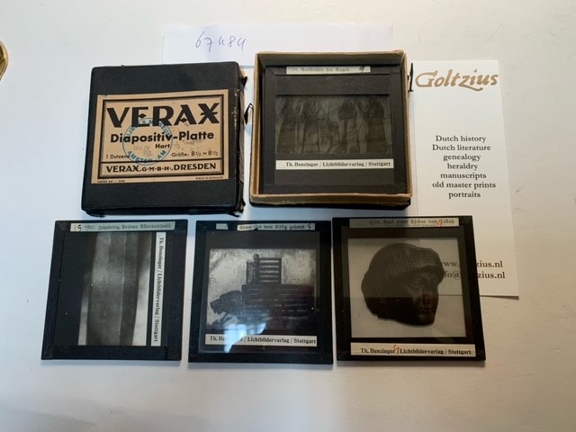 Verax Diapositiv Spezial Extra-Hart: collection of 9 glass slides concerning Assyric ornaments/hieroglyphs in original box.