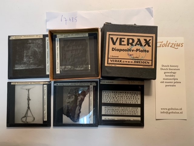  - Verax Diapositiv Spezial Extra-Hart: collection of 6 glass slides concerning Assyric ornaments/hieroglyphs in original box. 