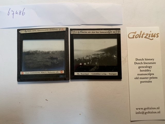 Verax Diapositiv Spezial Extra-Hart: collection of 2 glass slides photographs of Israel: Jaffa (view from the sea) and Lake Tiberias (Genezareth)