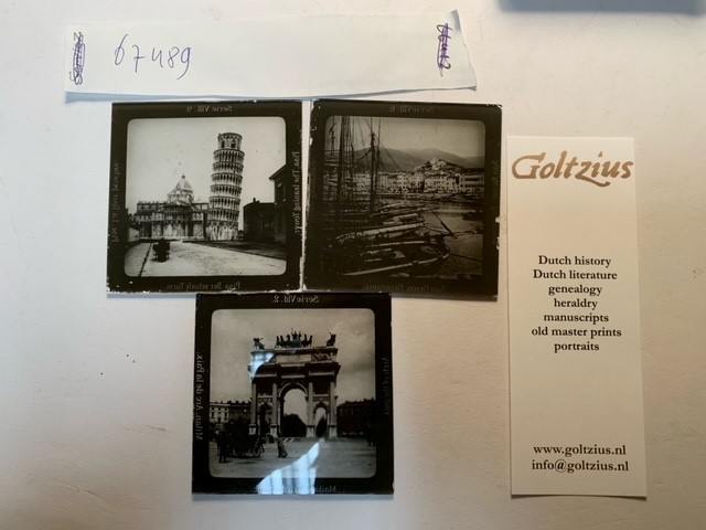 Collection of 19th century glass lantern slides: Serie VIII, nrs. 2, 8, 9. Pisa, the leaning tower, Milan (Milaan, Mailand, Milano) Arch of the Paix, San Remo, Panorama.