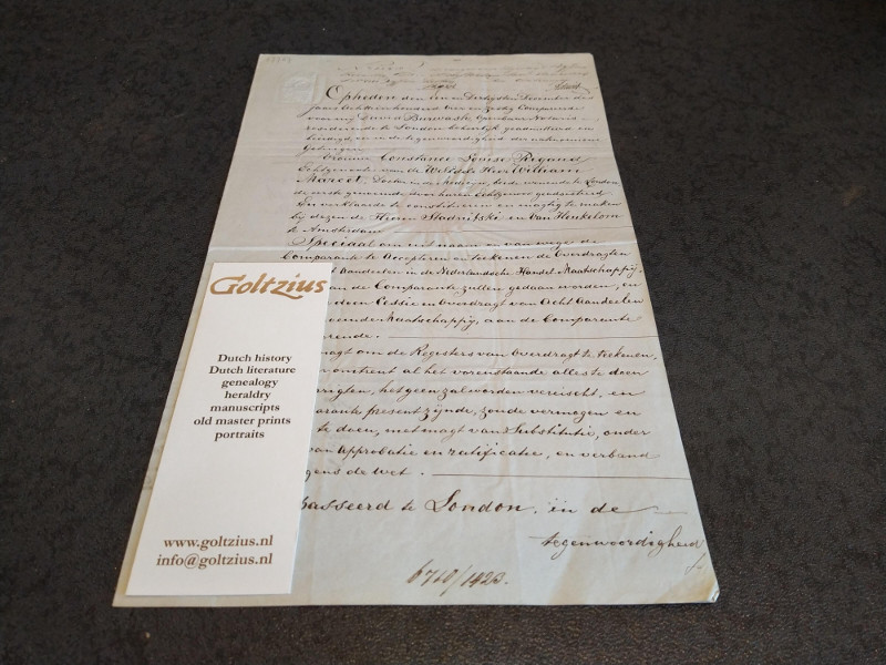  - Official handwritten document stating a business transaction, concerning some stock of the Nederlandsche Handel-Maatschappij.