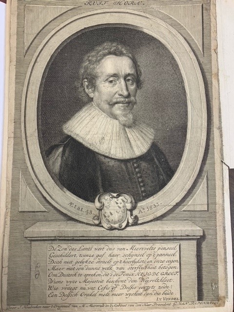 Hugo Grotius Aetat 48. Ao 1631, engraved portrait by J. Houbraken after M. van Mierevelt as owned by G. van Papenbroek.