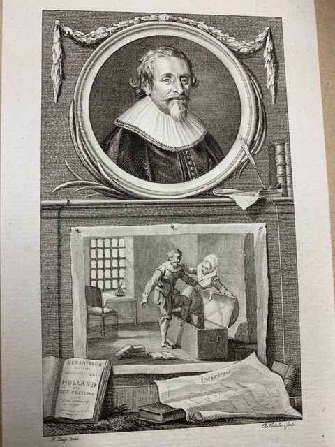  - Hugo Grotius, engraved portrait of Hugo de Groot by R. Vinkeles after J. Buijs. with his escape in the book chest, his books and a drawing of Loevestein castle.