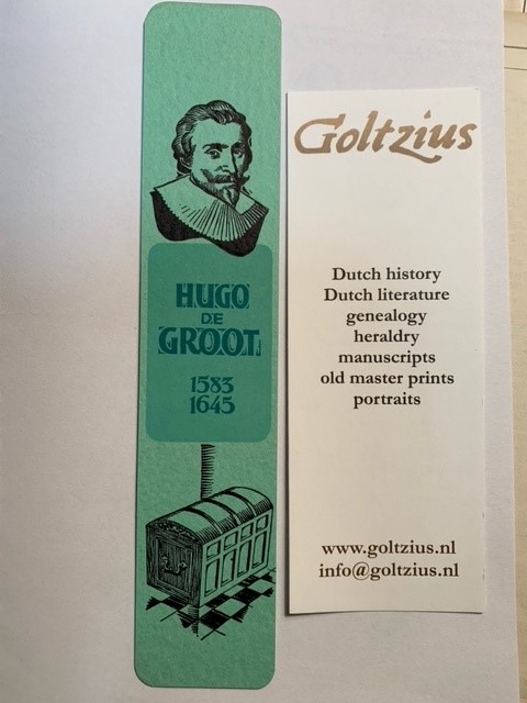 Hugo de Groot 1583 1645 boekenlegger/bookmark with portrait and the book chest used for his escape from Loevenstein castle.