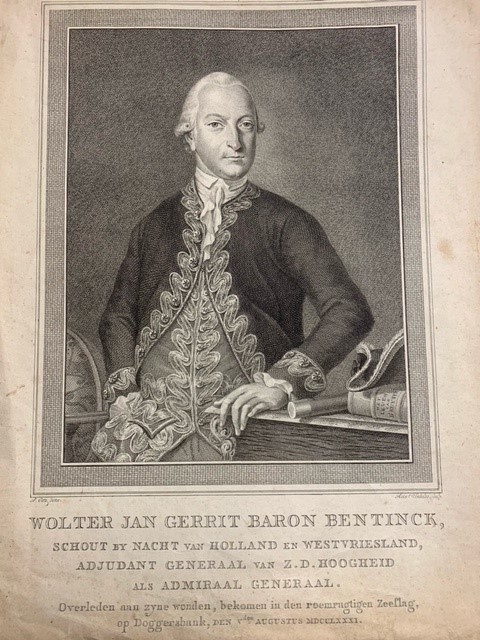 Wolter Jan Gerrit Baron Bentinck, schout bij nacht van Holland en Westvriesland, adjudant generaal van Z.D. Hoogheid als admiraal generaal. Overleden aan zyne wonden, bekomen in de roemrugtigen zeeslag op Doggersbank den Vden augustus 1781.