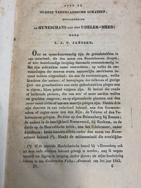 JANSSEN, L.J.F., Over de oudste vaderlandsche schansen, bepaaldelijk de Huneschans aan het Udeler-meer; door L.J.F. Janssen.