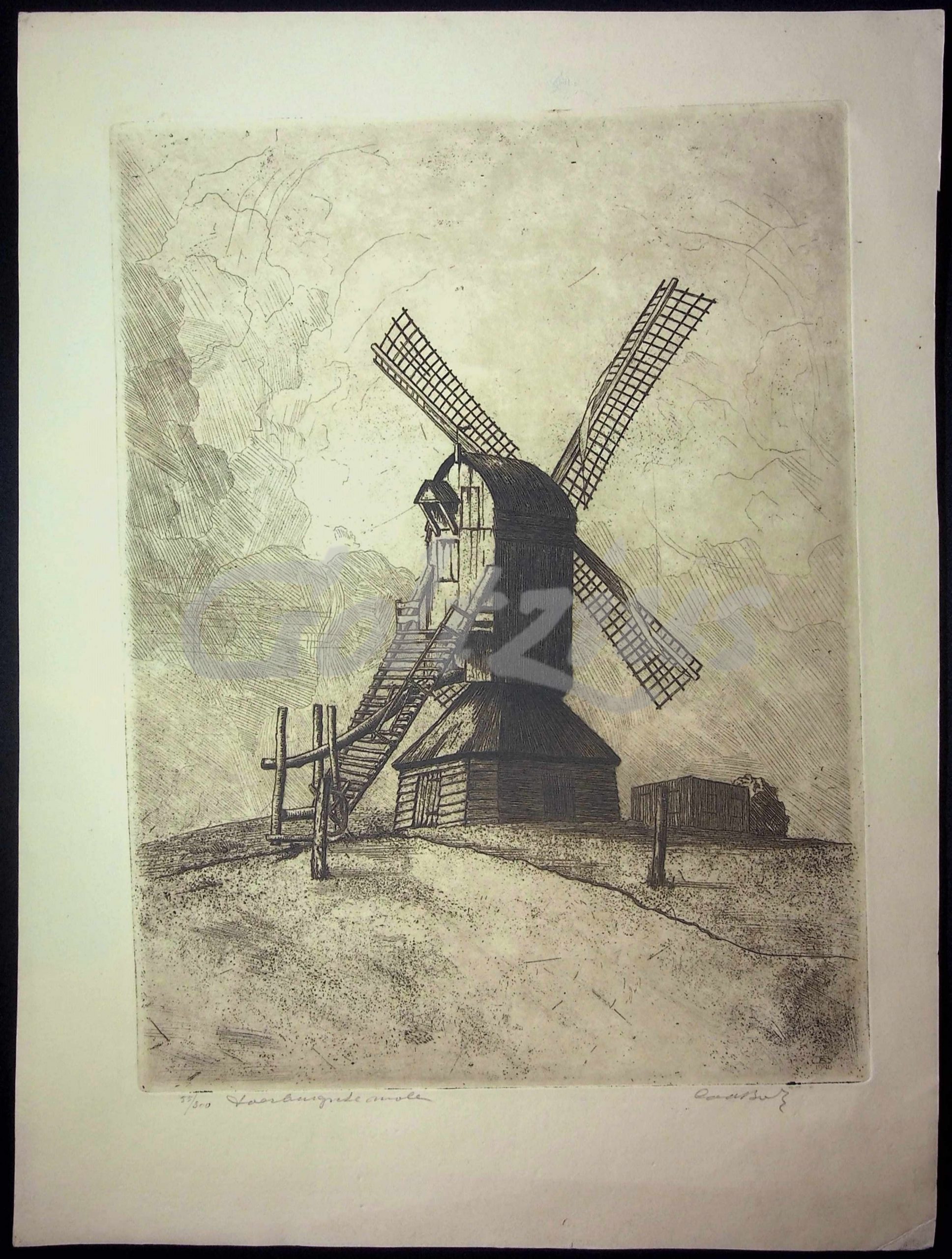 UNKNOWN (SIGNED IN PENCIL BUT UNREADABLE), Windmill in landscape, 1940