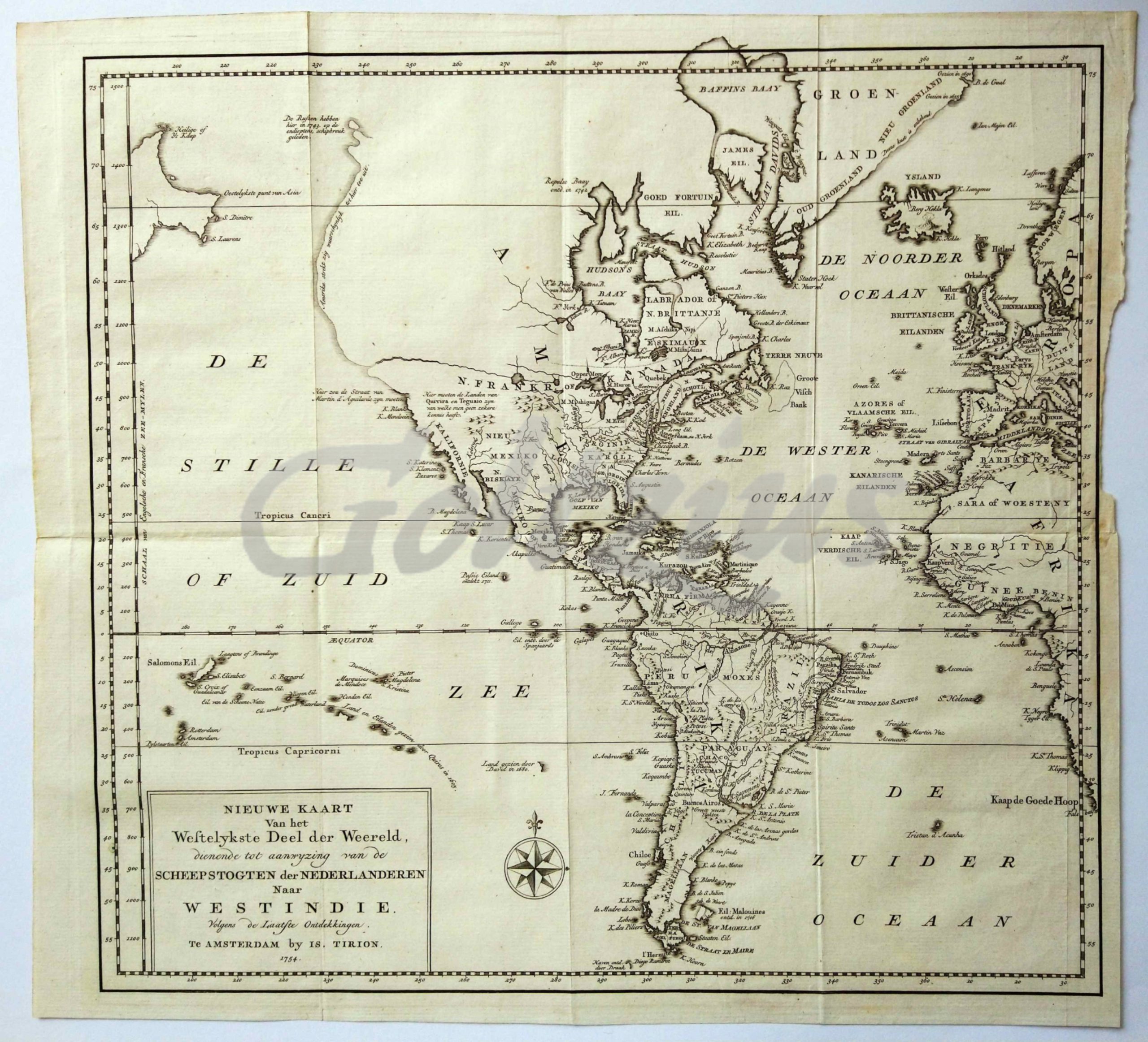 TIRION, IS., Nieuwe kaart van het Westelykste Deel der Weereld, dienende tot aanwijzing van de Scheepstogten der Nederlanderen naar Westindie