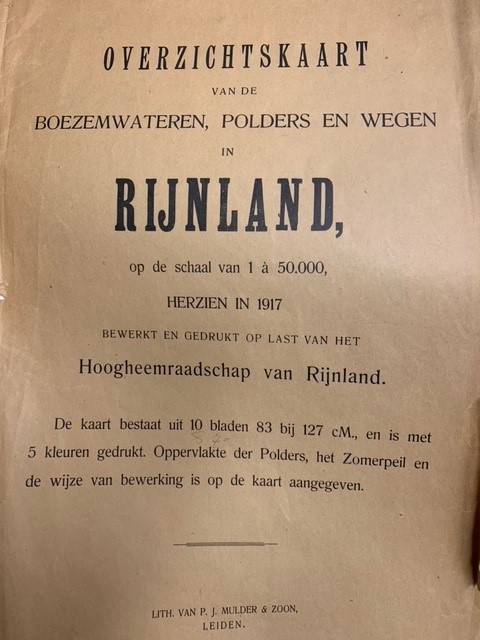 Overzichtskaart van de boezemwateren, polders en wegen in Rijnland op de schaal van 1 a 50.000 herzien in 1917 bewerkt en gedrukt op last van het Hoogheemraadschap van Rijnland.