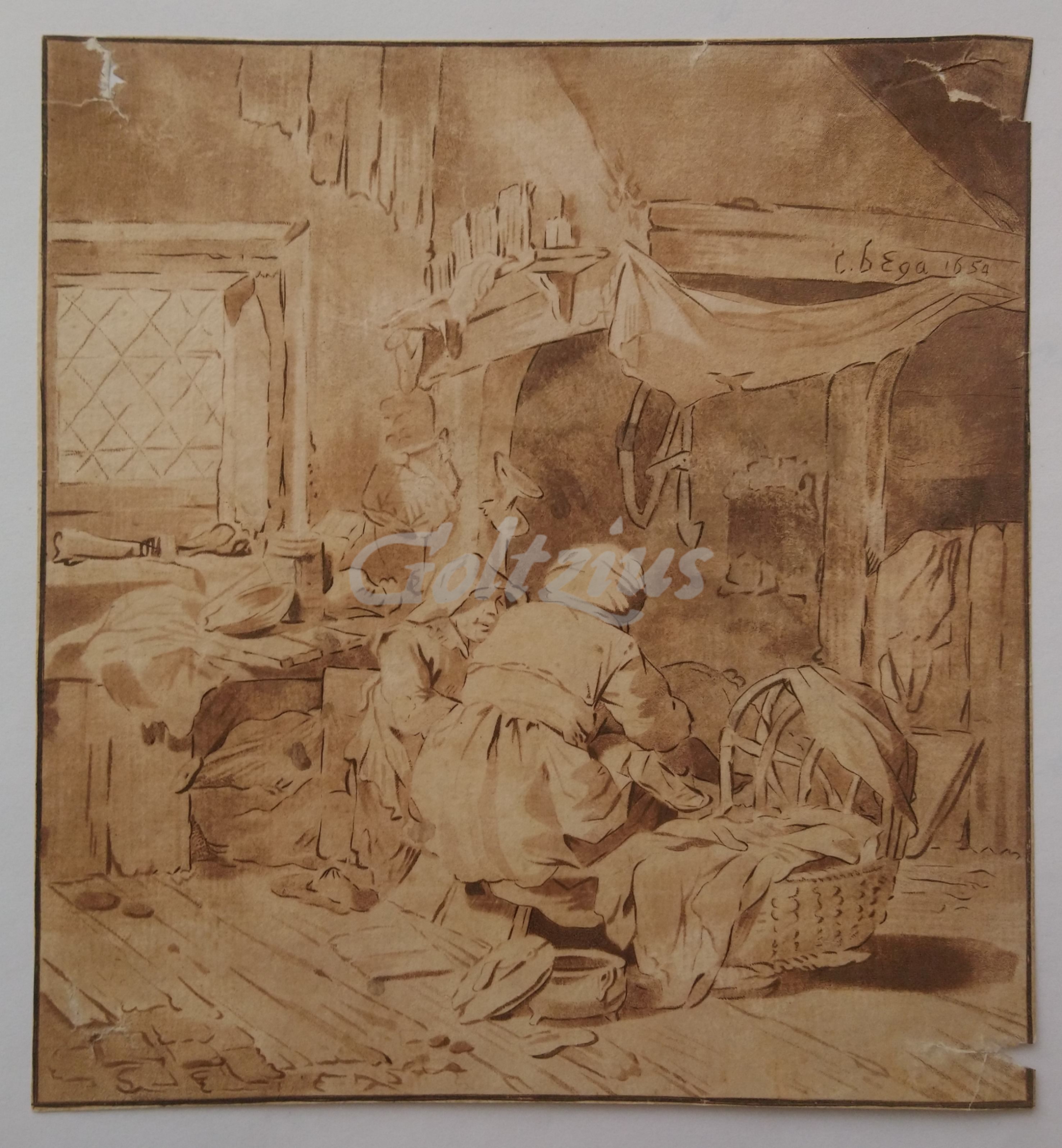 SCHREUDER, BERNARD, Kitchen interior with two women near a bassinet