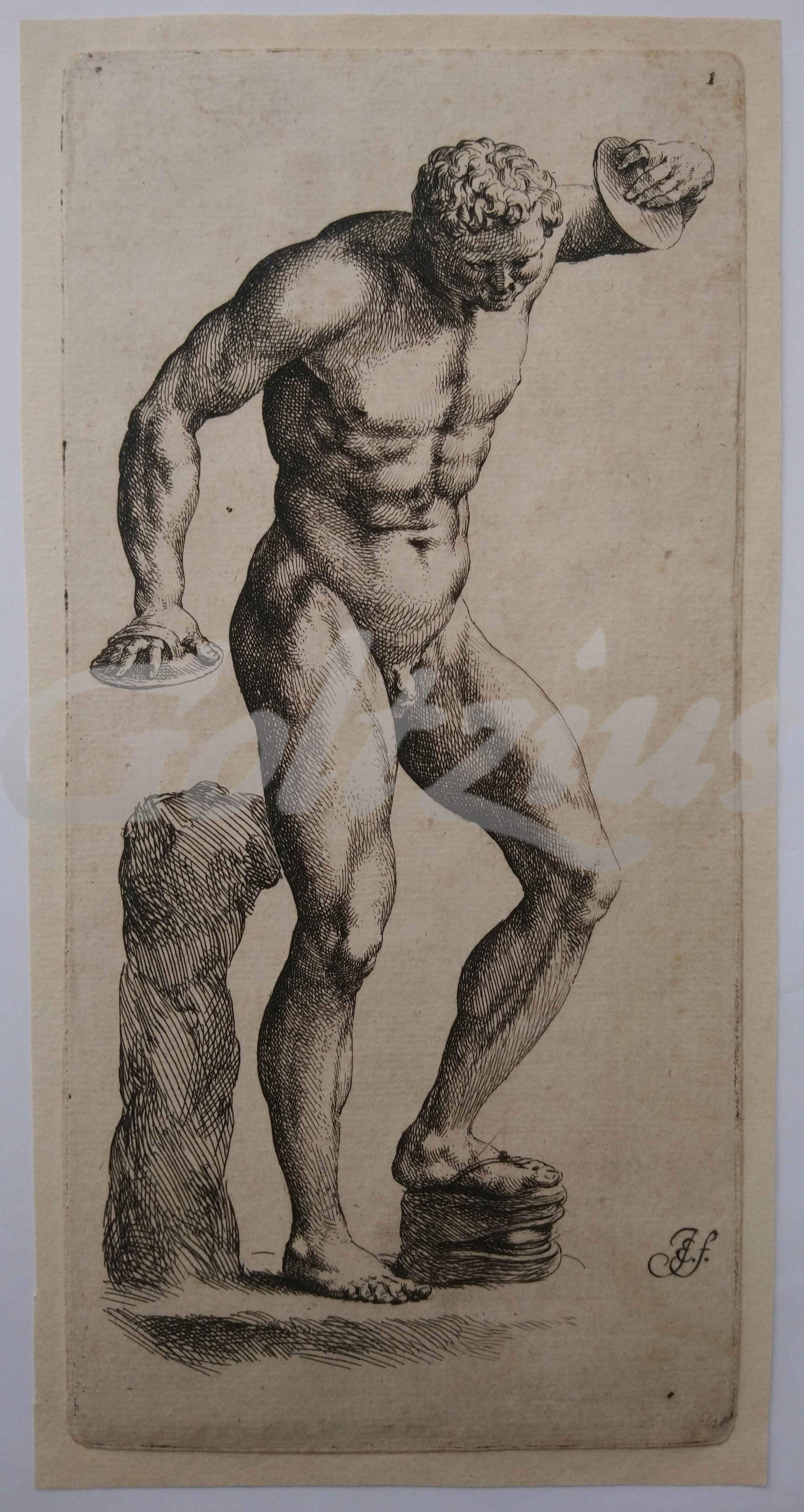 BISSCHOP, JAN DE, Naked man with cymbals and scabellum