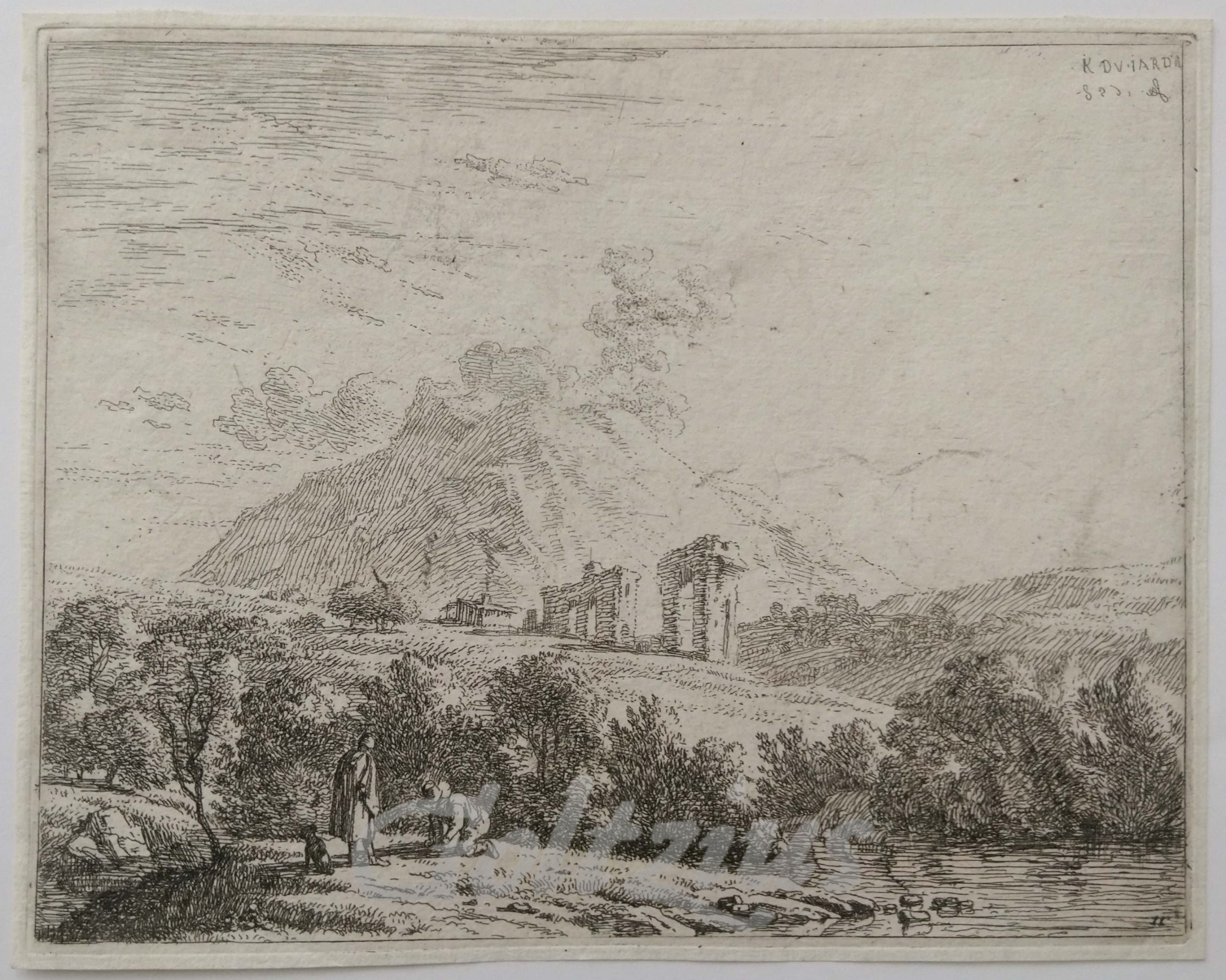 JARDIN, KAREL DU, Landscape with ruin and two men with a dog
