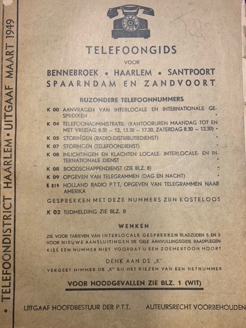 Telefoongids voor Bennebroek, Haarlem, Santpoort, Spaarndam en Zandvoort (maart 1949)