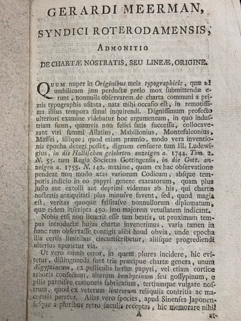 Gerardi Meerman, syndici roterodamensis admonitio de chartae nostratis, sue lineae, origine.