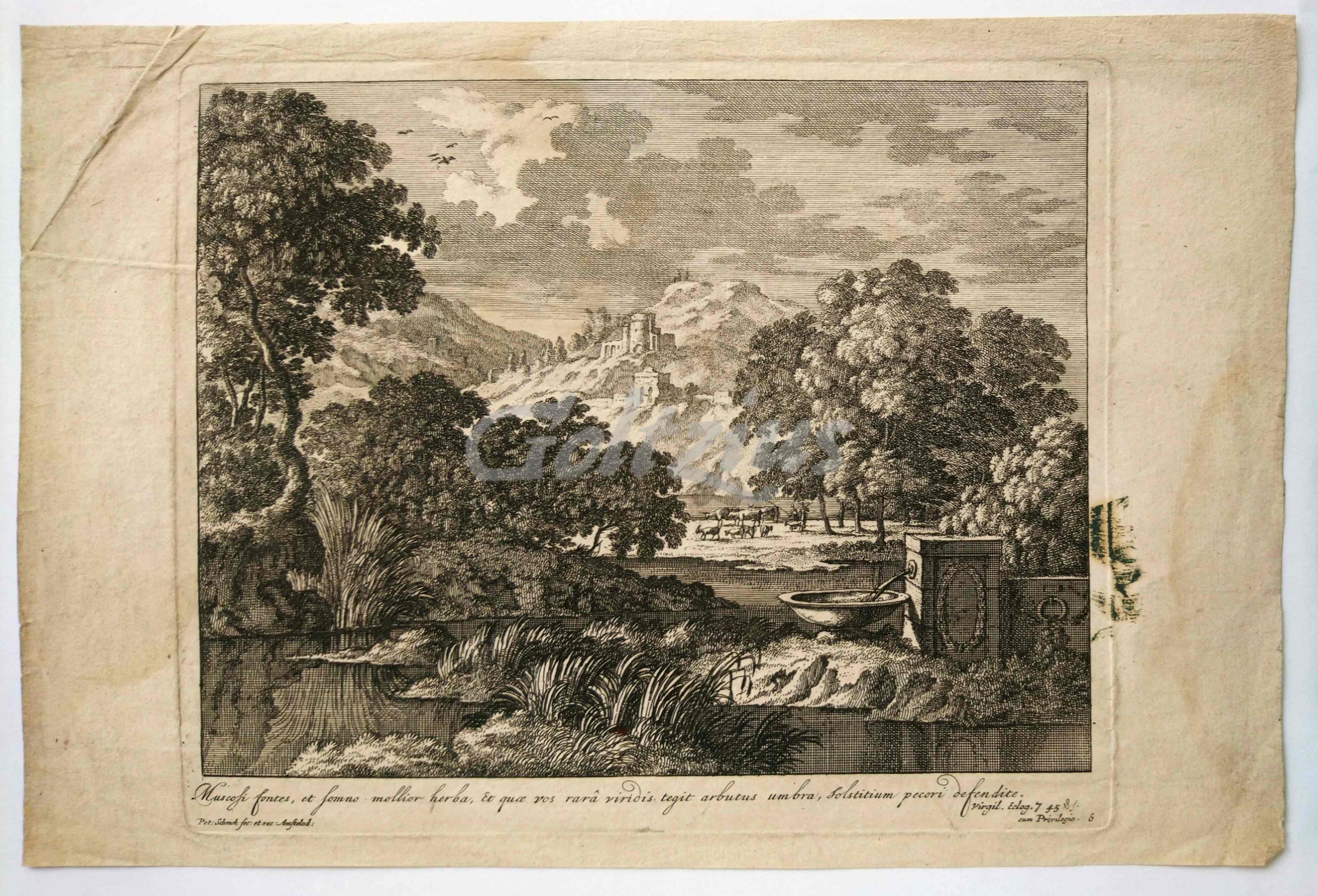 SCHENCK, PIETER (1660-1713), River landscape with reeds, fountain and ruins