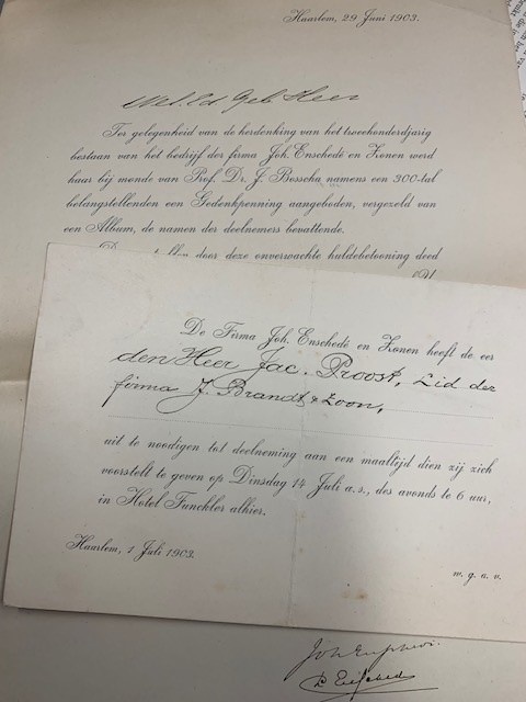 ENSCHEDE, JOH., Printed letter sent by Joh. Enschede en Zonen to all contributors to the medal issued at the celebration of 200 year anniversary of the company. This letter addressed to Jac. Proost of Firma J. Brandt & Zoon. With invitation for a lunch.