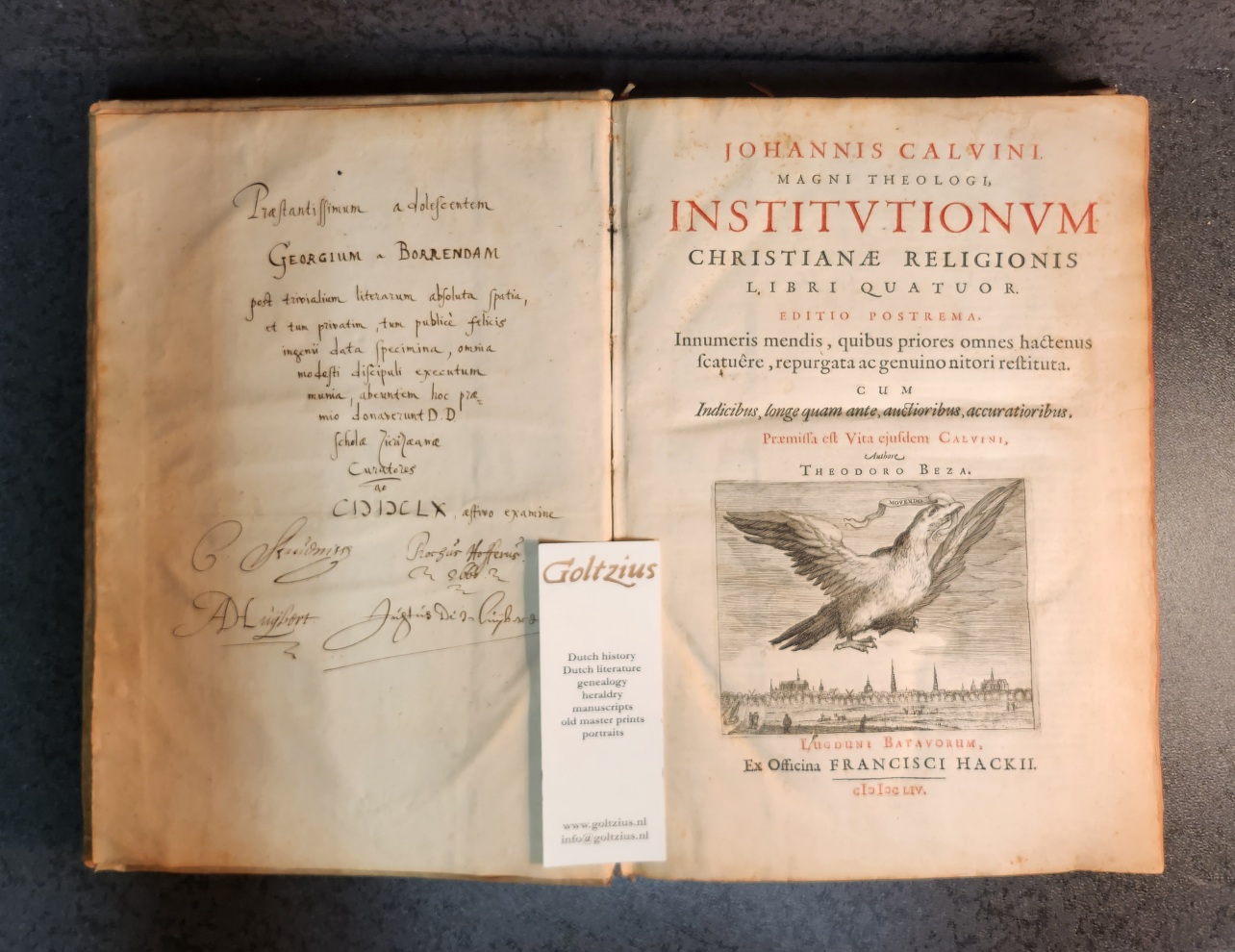 CALVIJN, JOHANNES, Johannis Calvini, Magni Theologi, Institvtionvm christianae religionis libri quatuor. Editio postrema, innumeris mendis, quibus priores omnes hactenus scatuere, repurgata ac genuino nitori restituta. Cum Indicibus, longe quam ante, auctioribus, accuratior