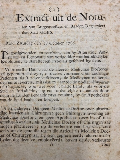 Extract uit de Notulen van burgemeesters en Raaden Regeerders der stad Goes. Zaturdag 28 October 1786.