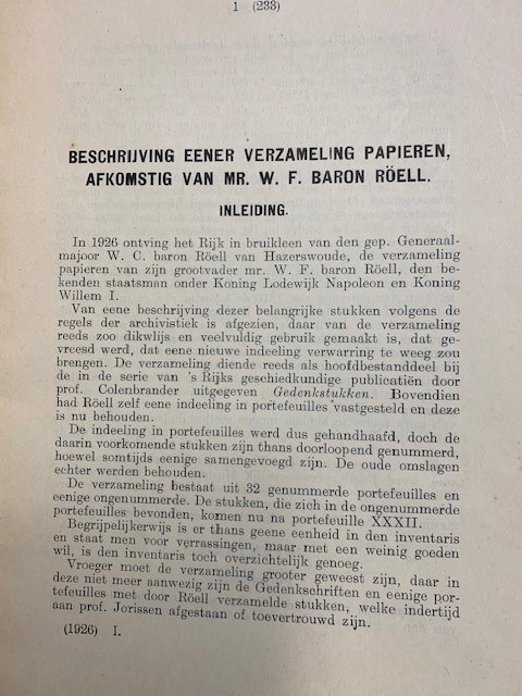 Beschrijving eener verzameling papieren afkomstig van Mr. W.F. Baron Roell.