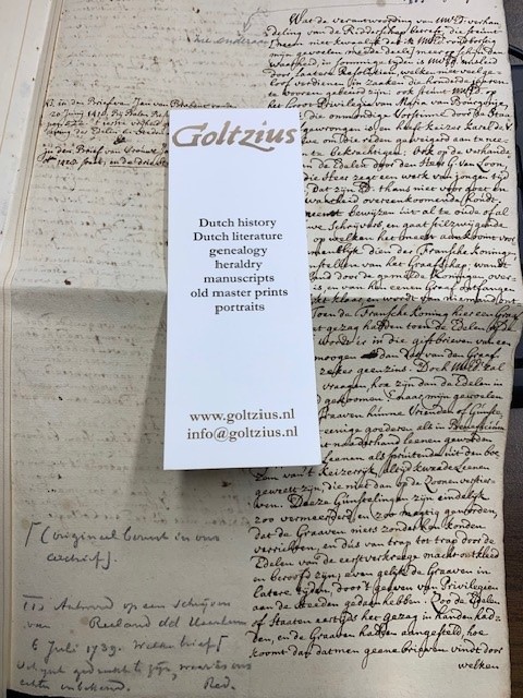 MIERIS, F. VAN, Letter dated 20 July 1739 written by F. van Mieris to J. Reeland concerning the nobels (edelen) of Ridderschap van Holland.