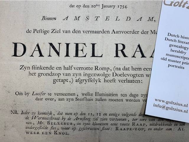Original satyrical notice of the death of patriot and revolutionary Daniel Raap: UE. word bekend gemaakt, dat op den 10den January 1754. binnen Amsteldam, de pestige ziel van den vermaarden aanvoerder der muiters, Daniel Raap, zyn stinkende en half verrot