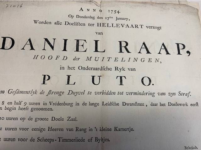 Anno 1754. Op Donderdag den 17den January, worden alle Doelisten ter hellevaart verzogt van Daniel Raap ...