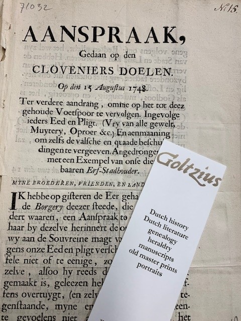 Aanspraak, Gedaan op den Cloveniers Doelen. Op den 15 Augustus 1748. Ter verdere aandrang, omme op het tot deez gehoude voetspoor te vervolgen (...)