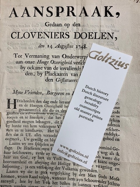 Aanspraak, Gedaan op den Cloveniers Doelen, den 14 Augustus 1748. Tot Vermaning van Onderwerping, die wy aan onze Hooge Overigheid verschuldigt zyn (...)
