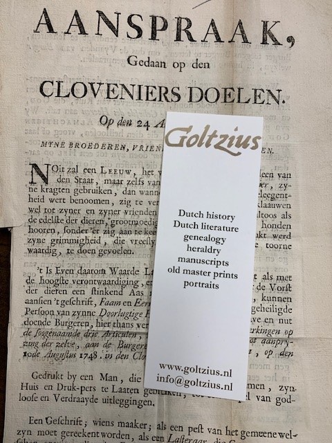 Aanspraak, Gedaan op den Cloveniers Doelen. Gedaan op den 24 Augustus 1748. Myne broederen, vrienden en landgenooten.
