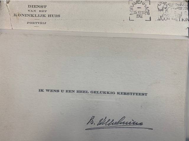 ORANJE-NASSAU, W. VAN, Christmas card sent by princess Wilhelmina van Oranje-Nassau to M. de Heer (Vlaardingen) 1961.