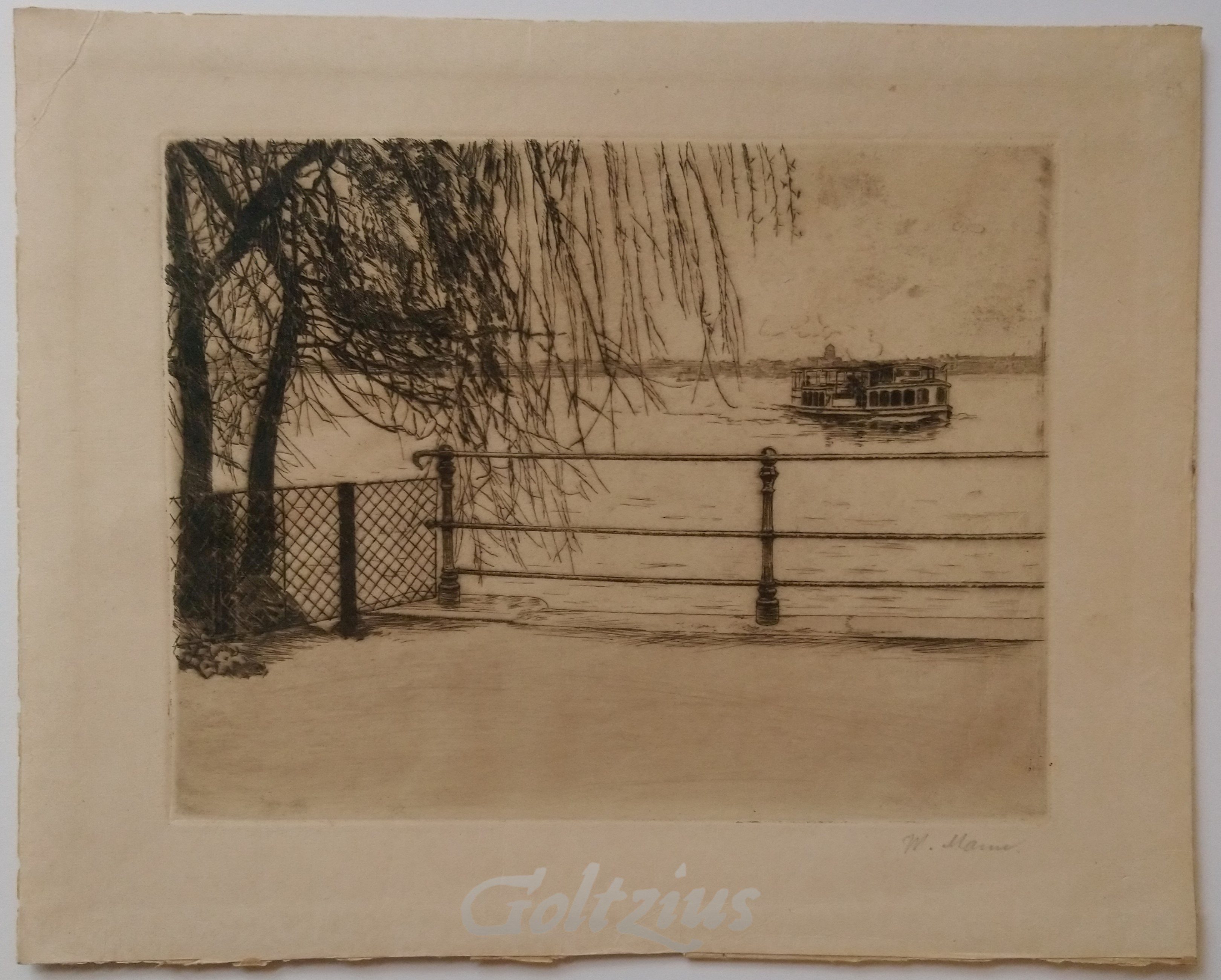 UNKNOWN (SIGNED IN PENCIL BUT UNREADABLE), Riverscape with passenger boat