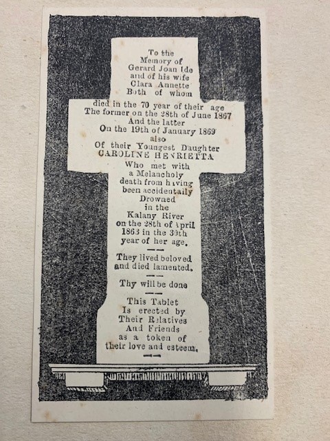 Engraved print of the funeral monument of Gerard Joan Ide, Clara Annette Ide, Caroline Henrietta their daughter drowned in the Kalany river. (Dutch Church Wolvendaal Colombo Ceylon Sri Lanka)