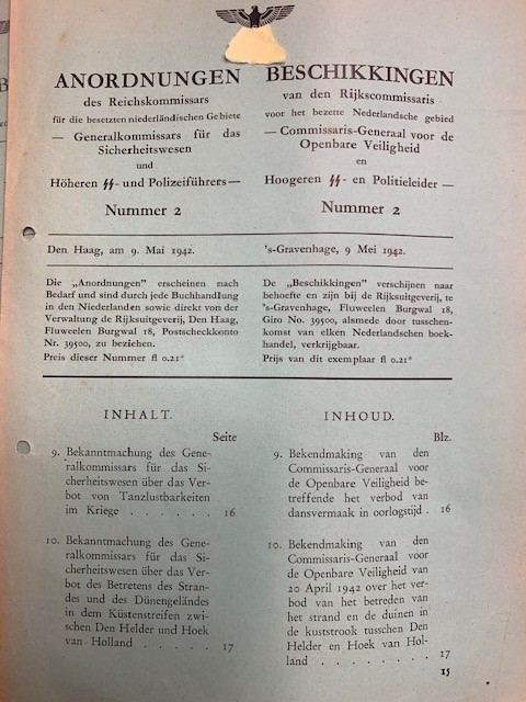 Anordnungen des Reichskommissars fur die besetzten niederlandischen Gebiete - Generalkommissars fur das Sicherheitswesen und Hoheren SS- und Polizifuhrers Nummer 2, 9 Mai 1942