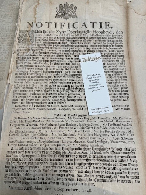 Notificatie Alzoo het aan zyne Doorlugtige Hoogheyd, den Heere Prinse van Oranje en Nassau, (...) tot burgemeesteren aan te stellen: Den Heeren Ferdinand van Collen, Mr Cornelis Trip, Mr Gerard Aarnout Hasselaar, Mr Willem Gideon Deut z(...)
