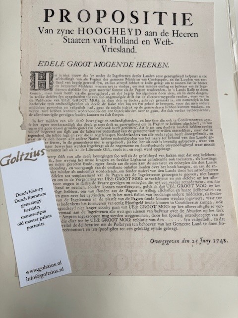 Propositie van zyne Hoogheyd aan de Heeren Staaten van Holland en West-Vriesland 25 Juny 1748.