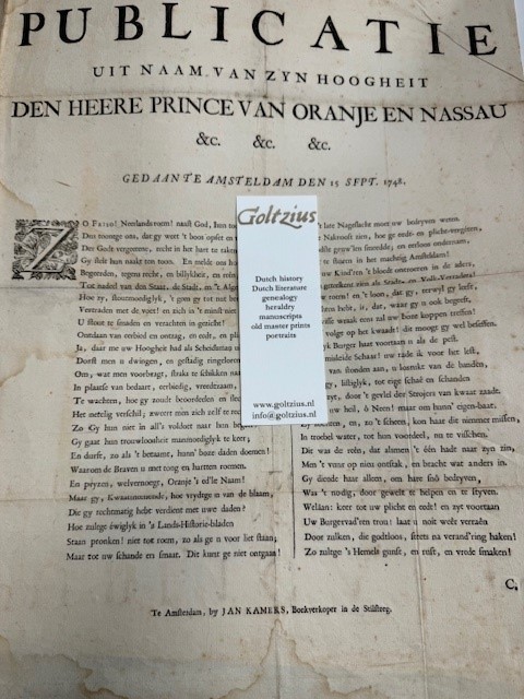 Op de publicatie uit naam van zyn hoogheit den heere prince van Oranje en Nassau ... gedaan te Amsteldam den 15 Sept. 1748