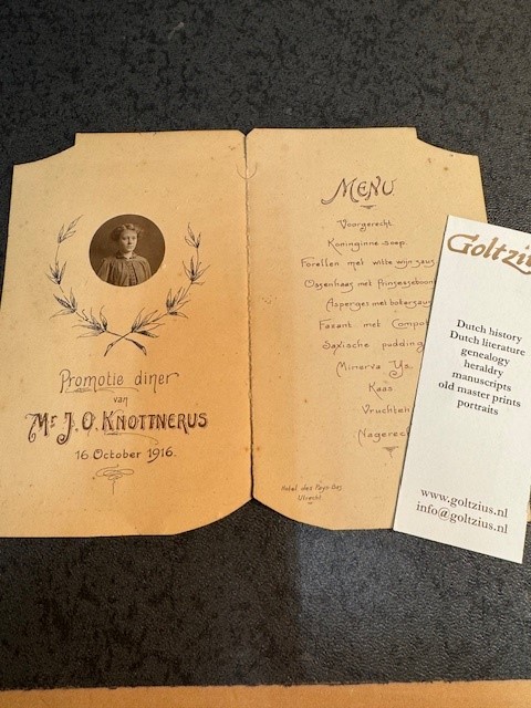 Menu for promotiediner of Mr J.O. Knottnerus on 16 October 1916.