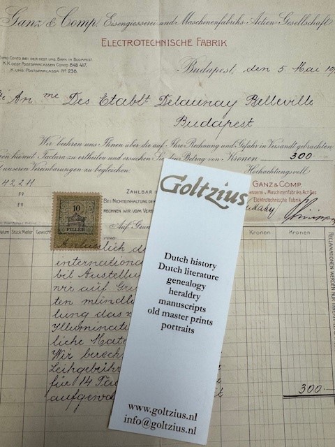 Ganz & Comp. Eissengiesserei und Maschinenfabriks Electrotechnische Fabrik. Invoice for Delaunay Belleville Budapest. dated 5 May 1905.