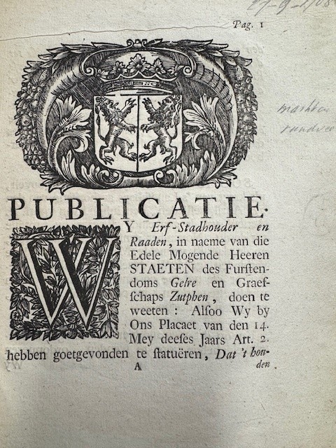 Publicatie. Wy Erf-Stadhouder en Raaden ... doen te weeten: Alsoo Wy by Ons placaet van den 14. mey deeses jaars art. 2 hebben goetgevonden te statue¨ren, dat 't houden van alle markten van rundvee ...